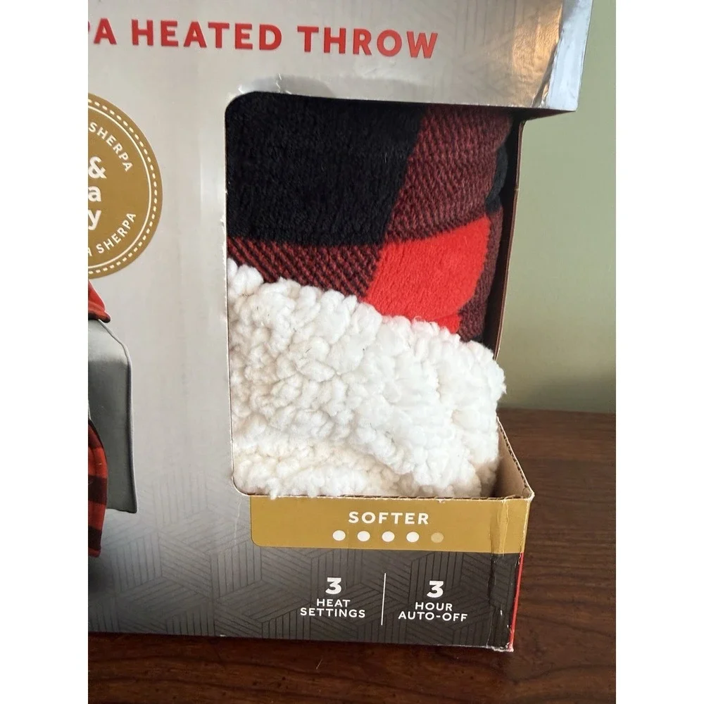Sunbeam Electric Microplush SHERPA Heated Throw Blanket, Red Black Plaid 50 x 60